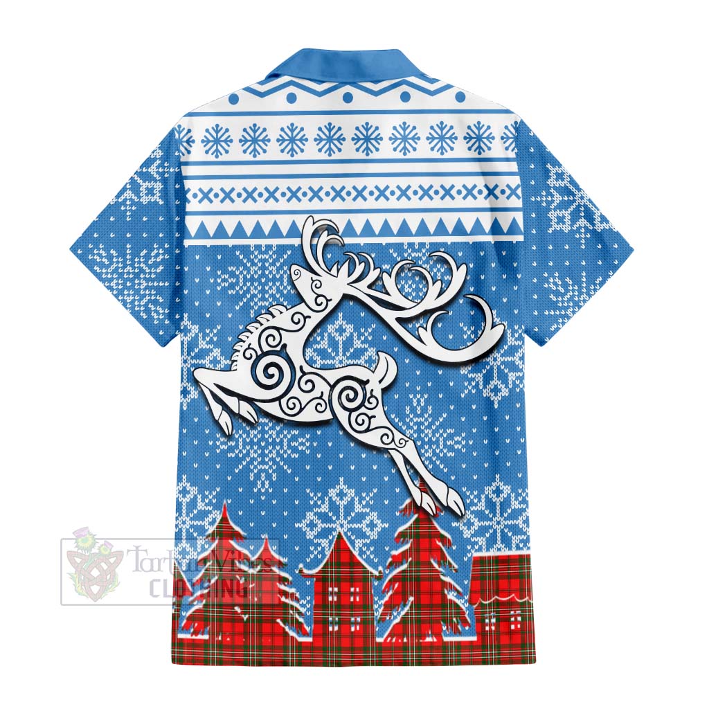 Tartan Vibes Clothing Langlands Clan Christmas Short Sleeve Button Shirt Celtic Reindeer Style