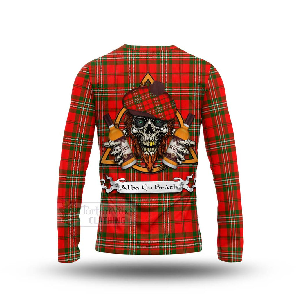 Tartan Vibes Clothing Langlands Tartan Long Sleeve T-Shirt with Family Crest and Bearded Skull Holding Bottles of Whiskey