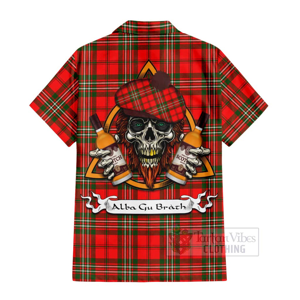 Tartan Vibes Clothing Langlands Tartan Short Sleeve Button Shirt with Family Crest and Bearded Skull Holding Bottles of Whiskey