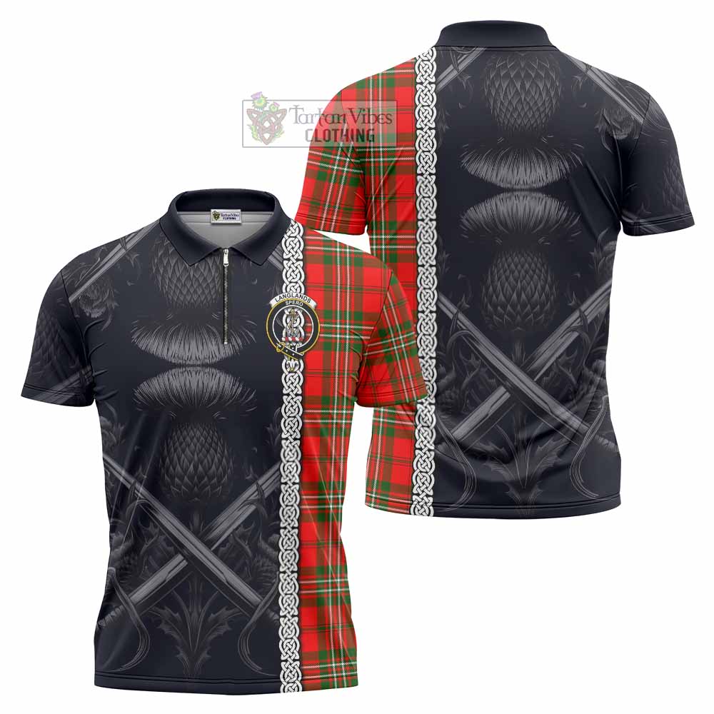 Tartan Vibes Clothing Langlands Tartan Zipper Polo Shirt with Family Crest Cross Sword Thistle Celtic Vibes