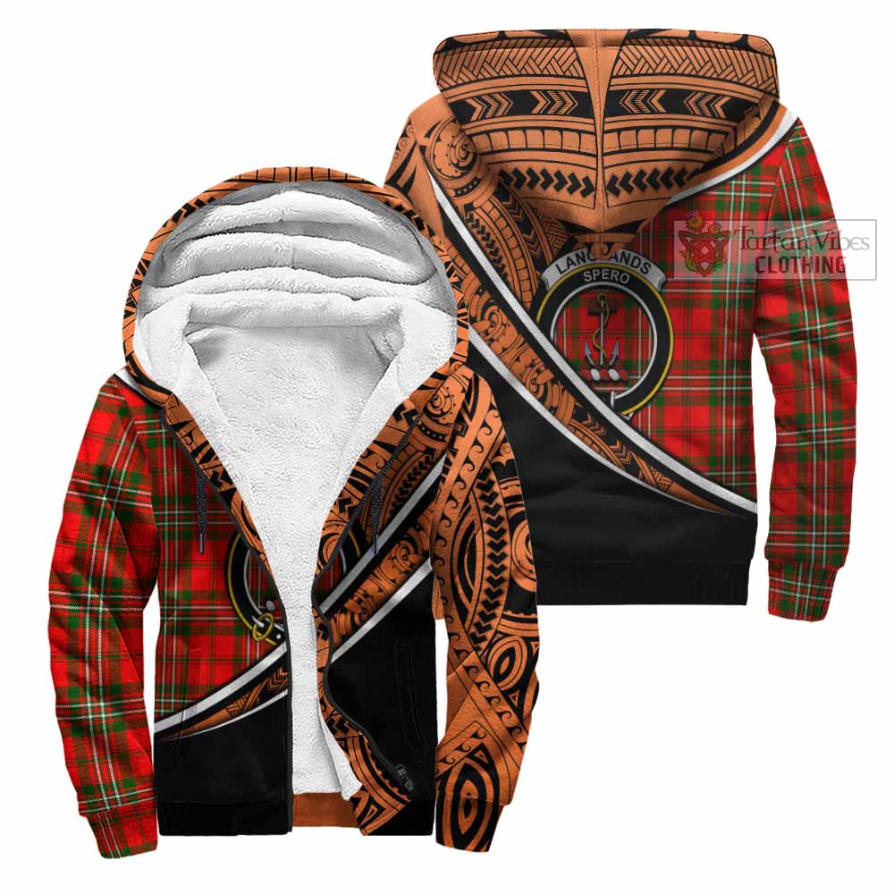 Tartan Vibes Clothing Langlands Crest Tartan Sherpa Hoodie with Maori Tattoo Style - Orange Version