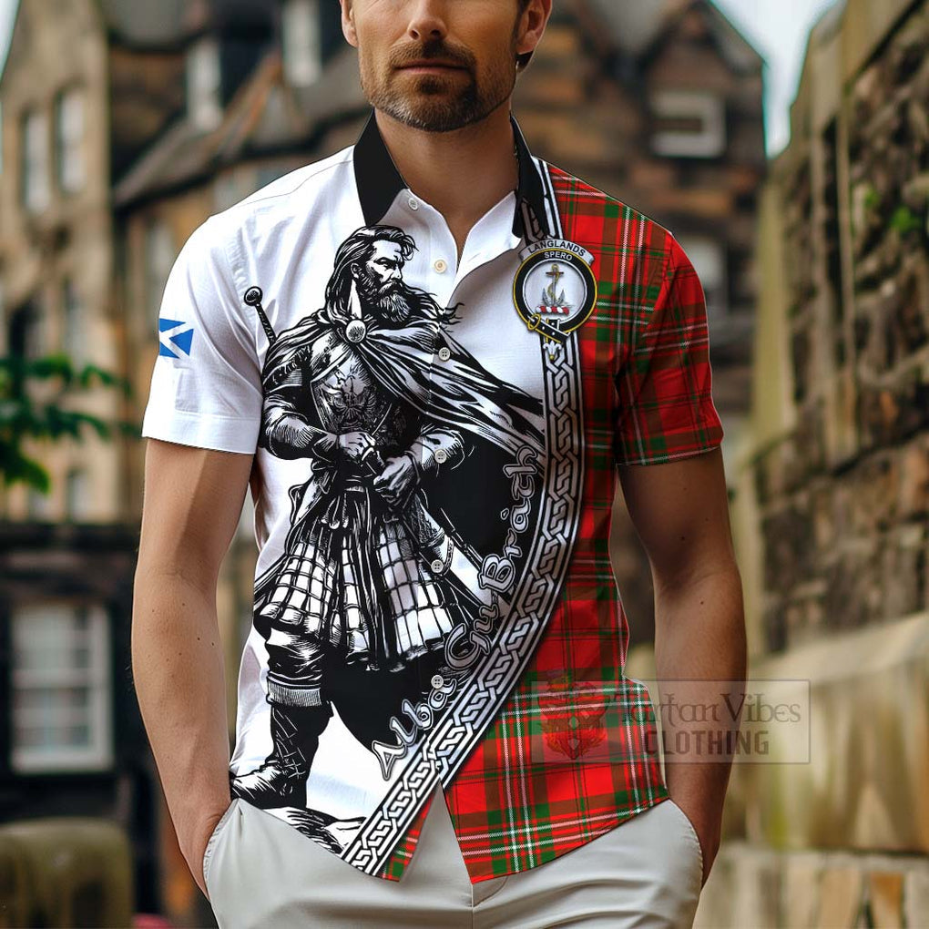 Tartan Vibes Clothing Langlands Tartan Clan Crest Short Sleeve Button Shirt with Highlander Warrior Celtic Style