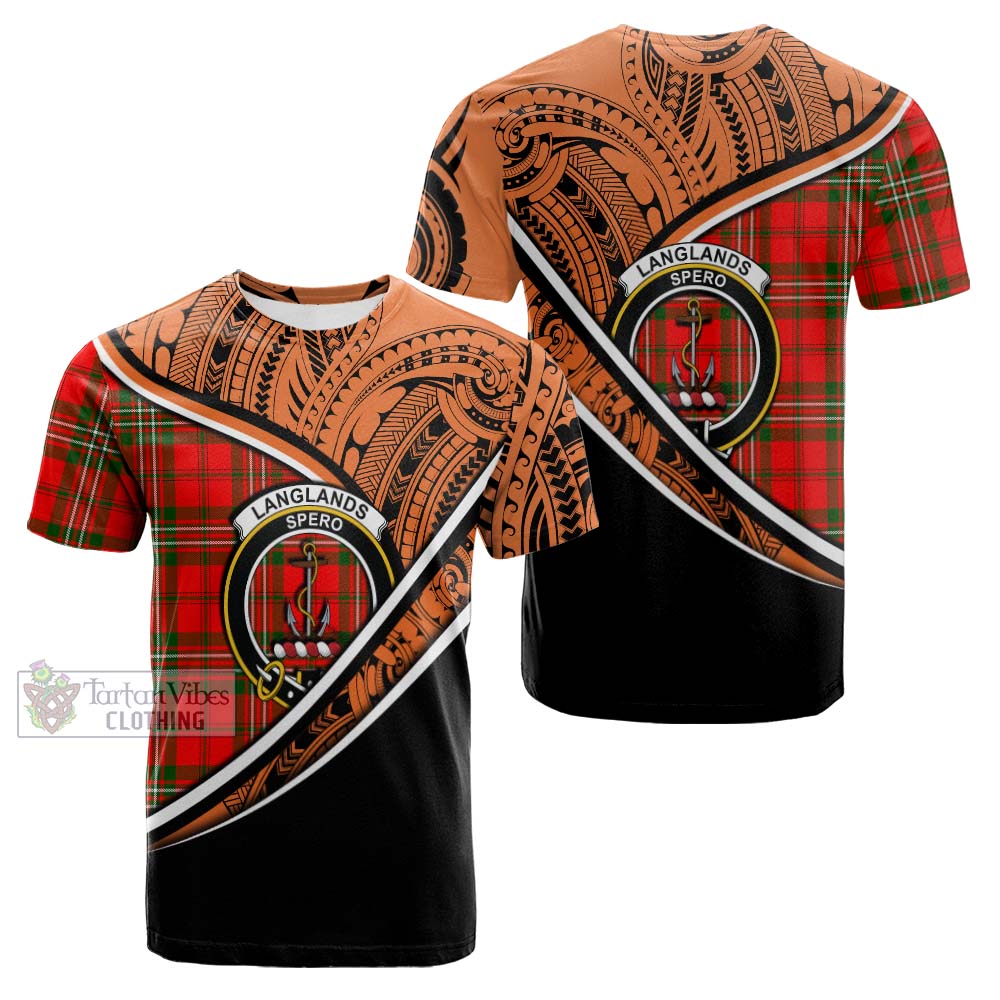 Tartan Vibes Clothing Langlands Crest Tartan Cotton T-shirt with Maori Tattoo Style - Orange Version