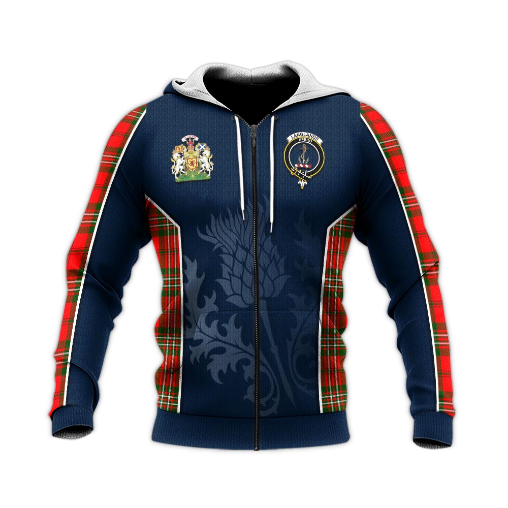 Tartan Vibes Clothing Langlands Tartan Knitted Hoodie with Family Crest and Scottish Thistle Vibes Sport Style