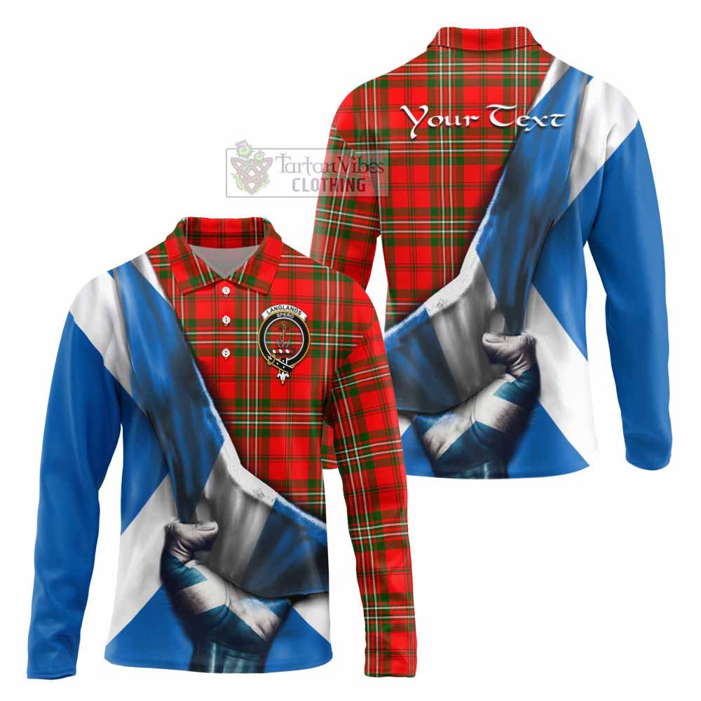 Tartan Vibes Clothing Langlands Tartan Long Sleeve Polo Shirt with Family Crest Scotland Patriotic Style