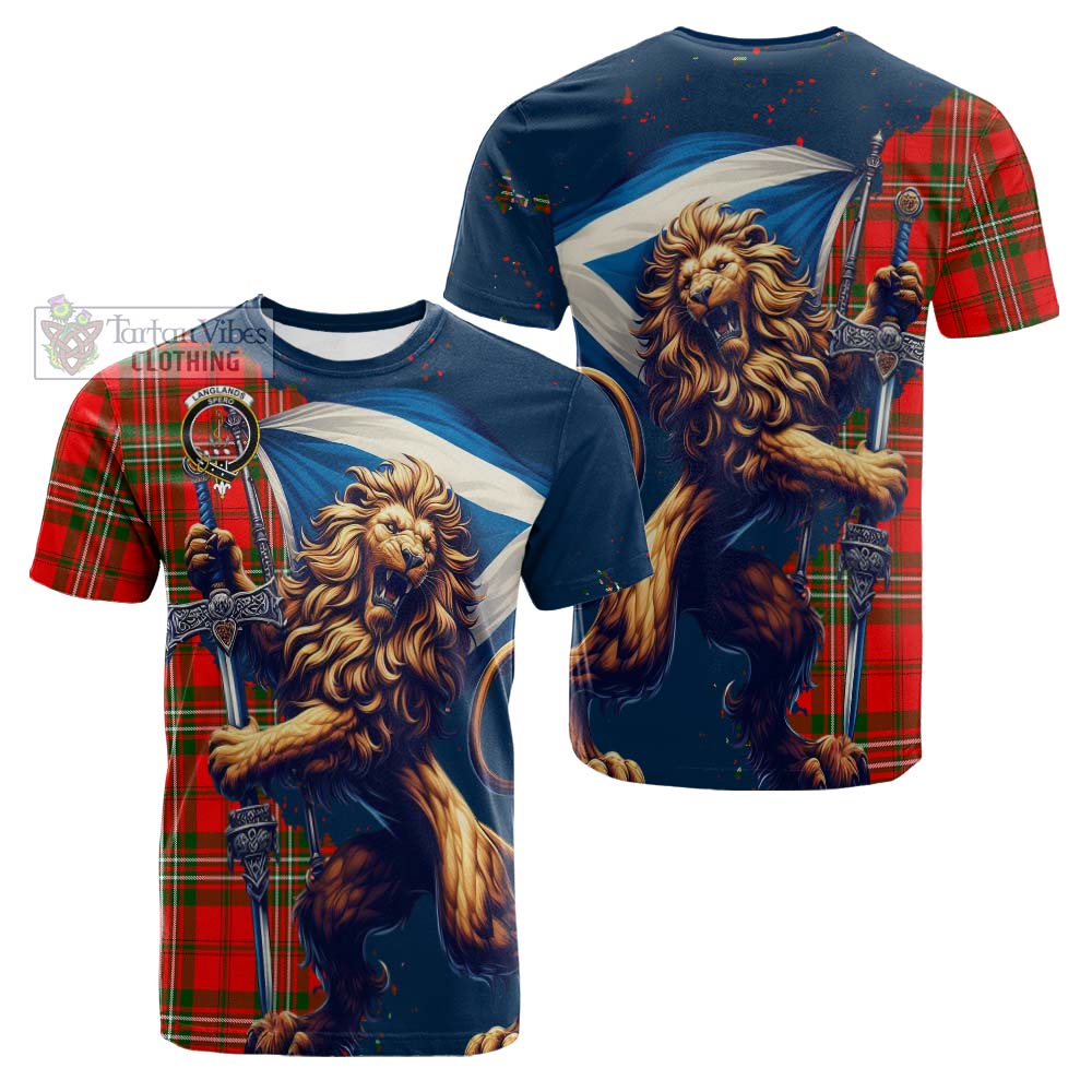 Tartan Vibes Clothing Langlands Tartan Family Crest Cotton T-shirt with Scottish Majestic Lion