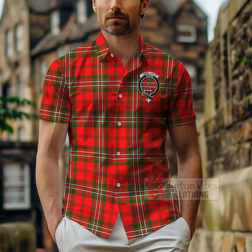 Tartan Vibes Clothing Langlands Tartan Short Sleeve Button Shirt with Family Crest Celtic Skull Style