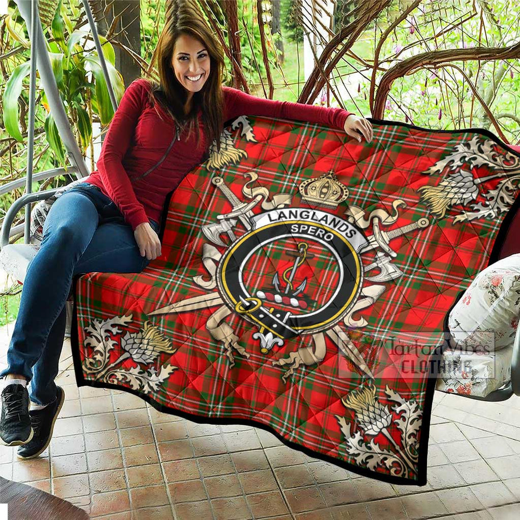 Tartan Vibes Clothing Langlands Tartan Quilt with Family Crest and Scottish Golden Courage Shield