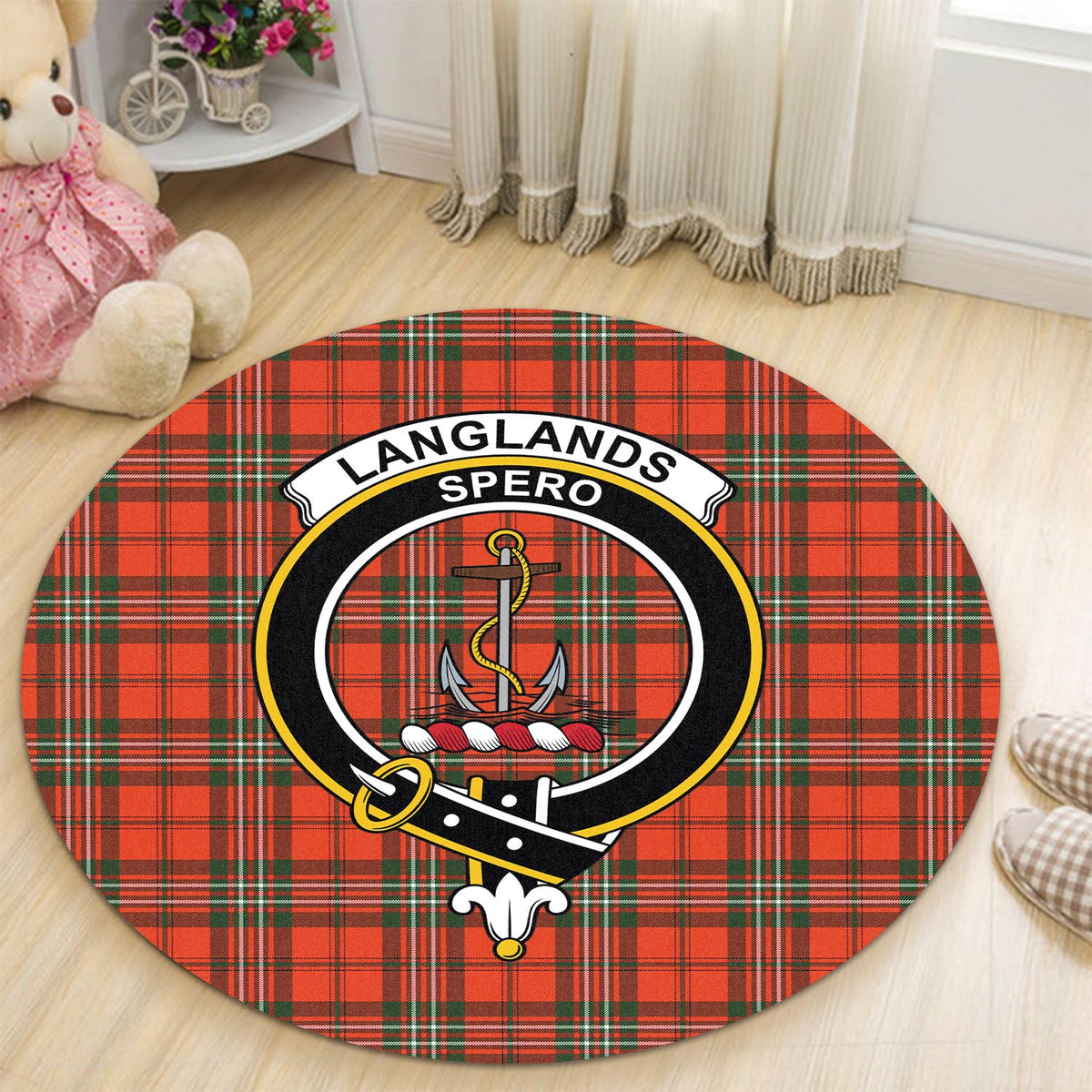 Langlands Tartan Round Rug with Family Crest - Tartan Vibes Clothing