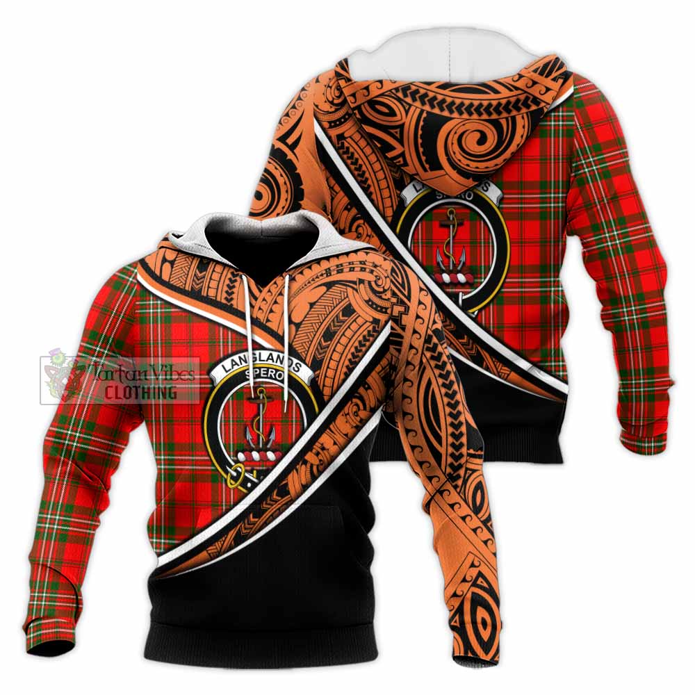 Tartan Vibes Clothing Langlands Crest Tartan Knitted Hoodie with Maori Tattoo Style - Orange Version