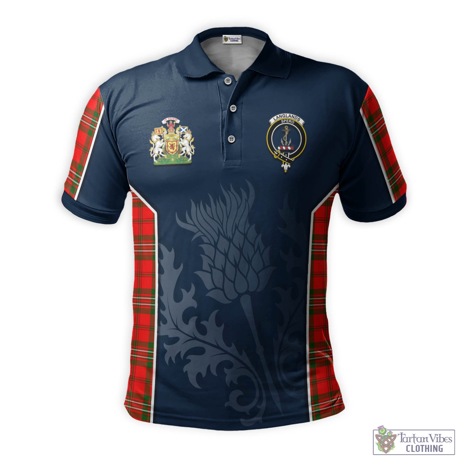 Tartan Vibes Clothing Langlands Tartan Men's Polo Shirt with Family Crest and Scottish Thistle Vibes Sport Style