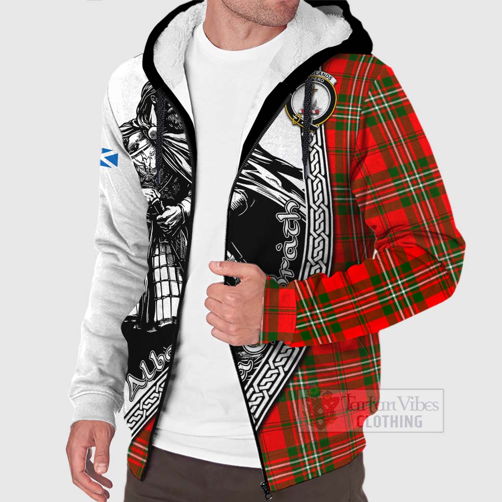 Tartan Vibes Clothing Langlands Tartan Clan Crest Sherpa Hoodie with Highlander Warrior Celtic Style