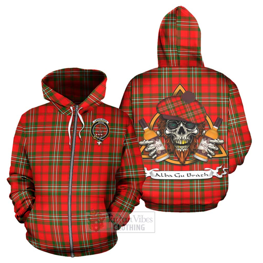 Tartan Vibes Clothing Langlands Tartan Hoodie with Family Crest and Bearded Skull Holding Bottles of Whiskey