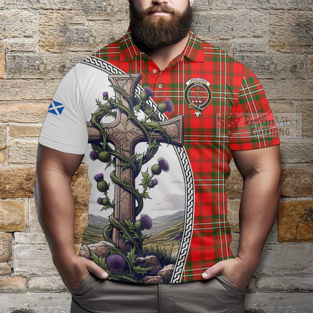 Tartan Vibes Clothing Langlands Tartan Polo Shirt with Family Crest and St. Andrew's Cross Accented by Thistle Vines