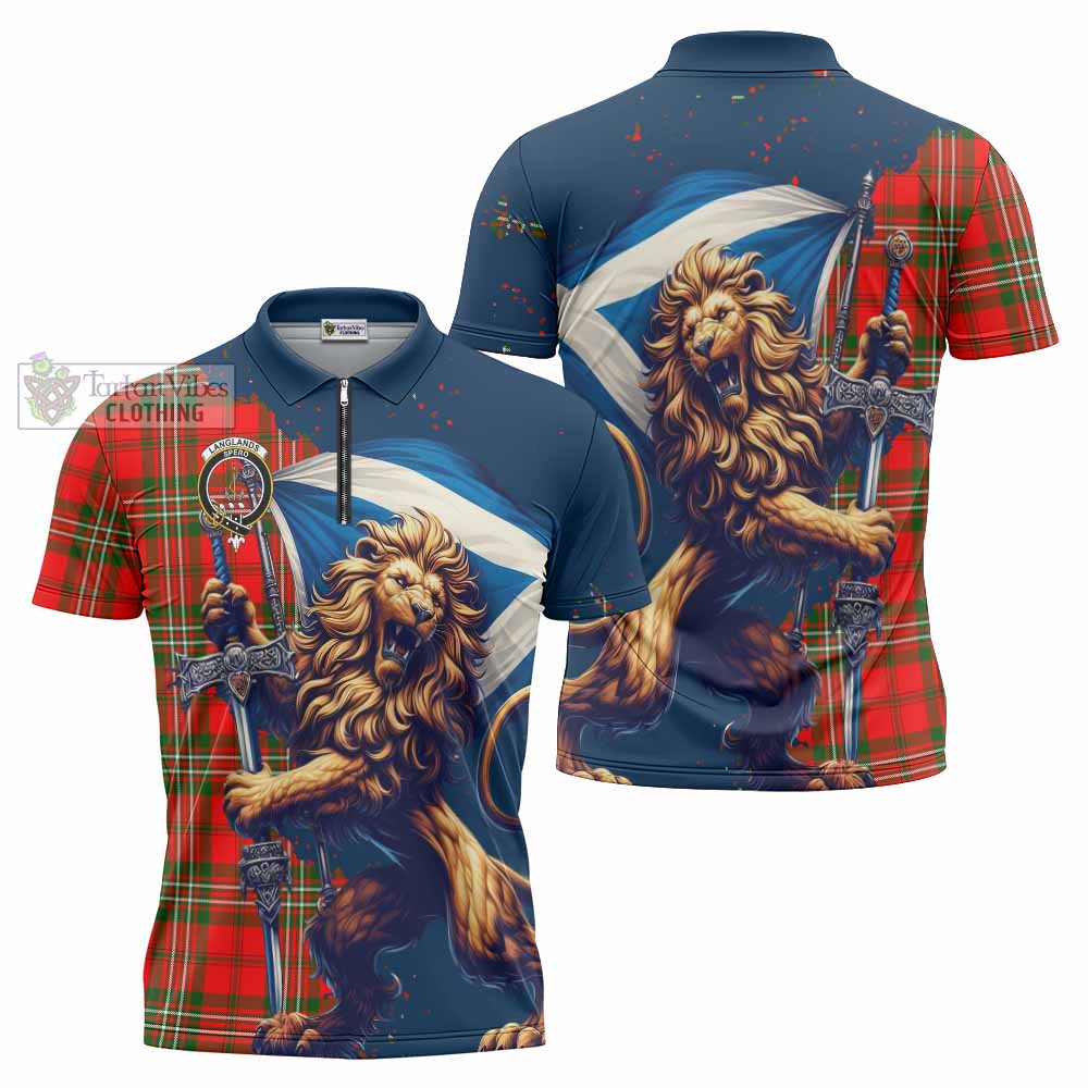 Tartan Vibes Clothing Langlands Tartan Family Crest Zipper Polo Shirt with Scottish Majestic Lion