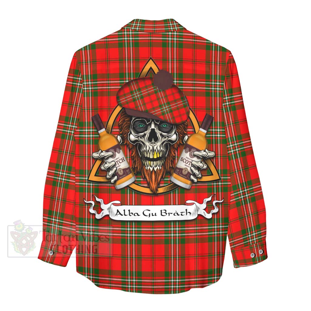 Tartan Vibes Clothing Langlands Tartan Women's Casual Shirt with Family Crest and Bearded Skull Holding Bottles of Whiskey