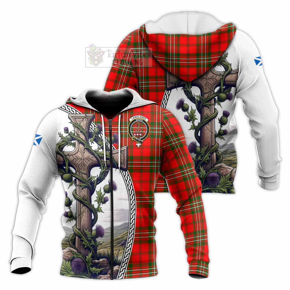 Tartan Vibes Clothing Langlands Tartan Knitted Hoodie with Family Crest and St. Andrew's Cross Accented by Thistle Vines