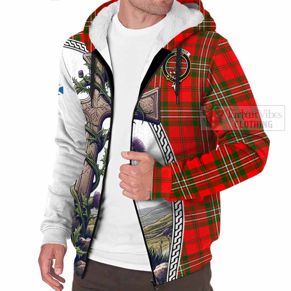 Tartan Vibes Clothing Langlands Tartan Sherpa Hoodie with Family Crest and St. Andrew's Cross Accented by Thistle Vines