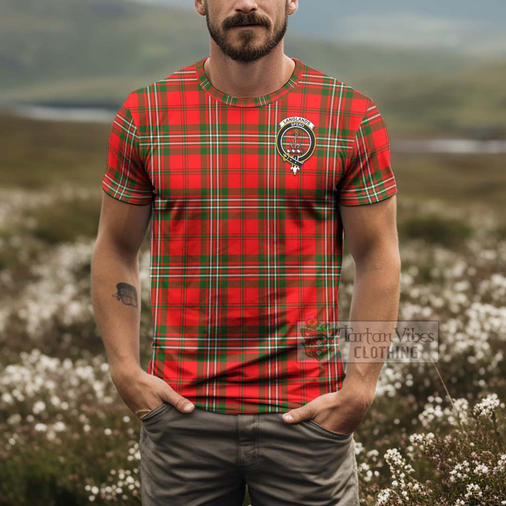 Tartan Vibes Clothing Langlands Tartan T-Shirt with Family Crest and Bearded Skull Holding Bottles of Whiskey