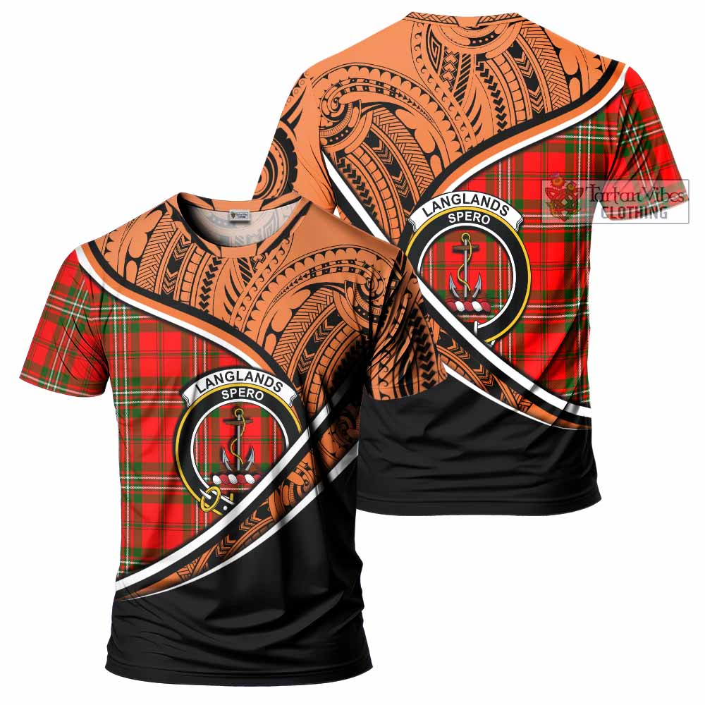 Tartan Vibes Clothing Langlands Crest Tartan T-Shirt with Maori Tattoo Style - Orange Version