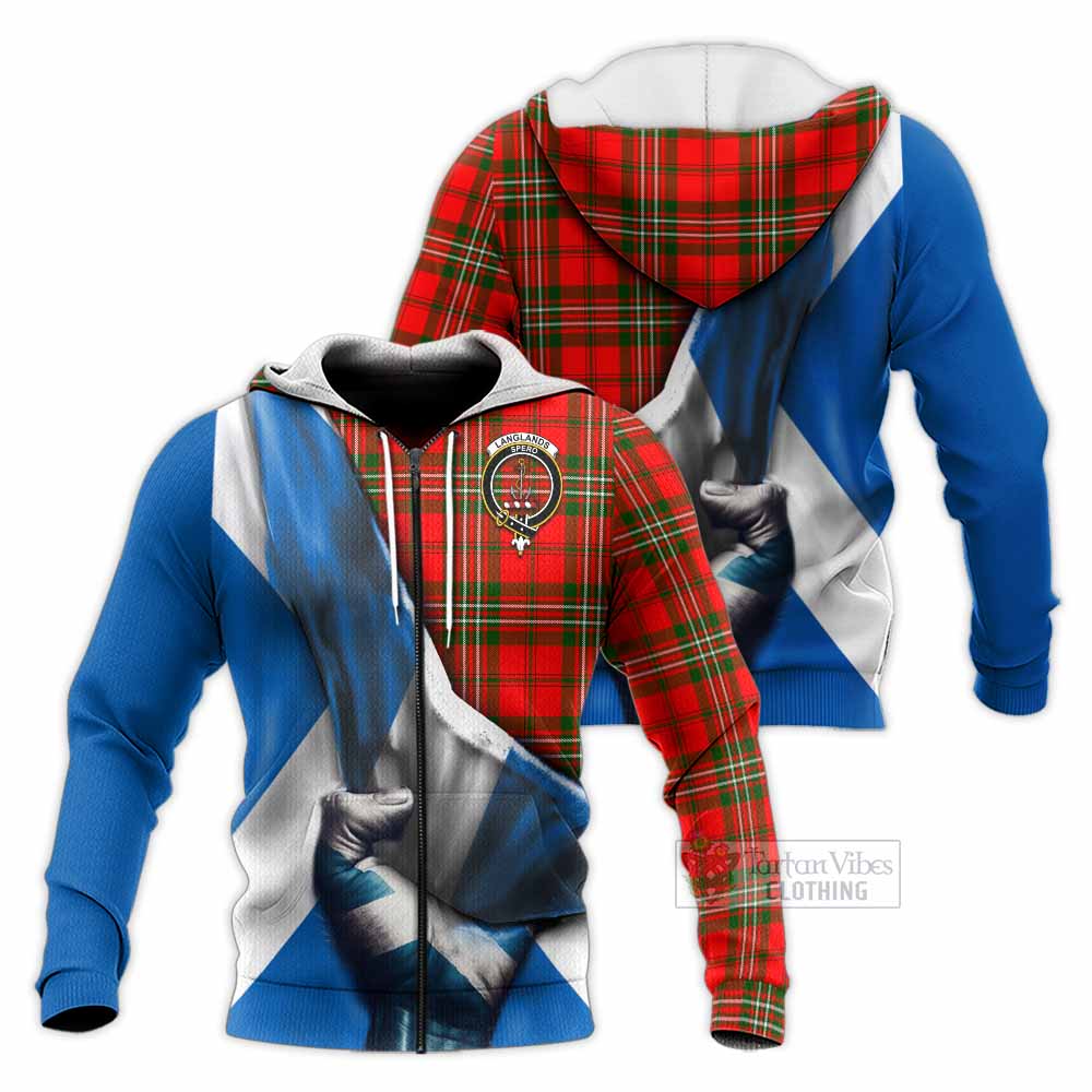 Tartan Vibes Clothing Langlands Tartan Knitted Hoodie with Family Crest Scotland Patriotic Style