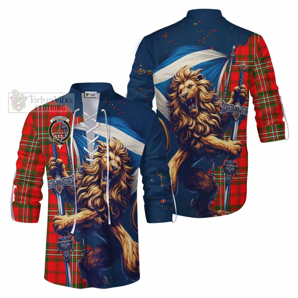 Tartan Vibes Clothing Langlands Tartan Family Crest Ghillie Kilt Shirt with Scottish Majestic Lion