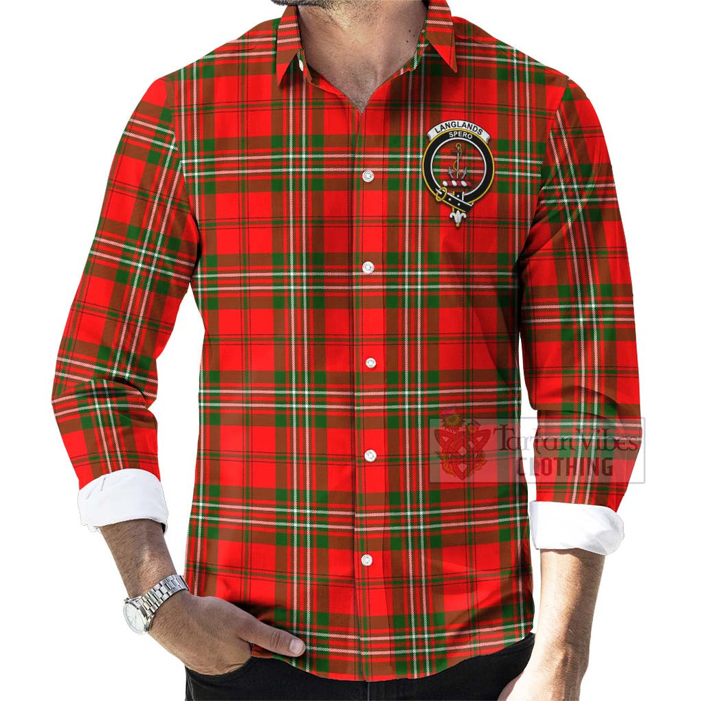 Tartan Vibes Clothing Langlands Tartan Long Sleeve Button Shirt with Family Crest Celtic Skull Style