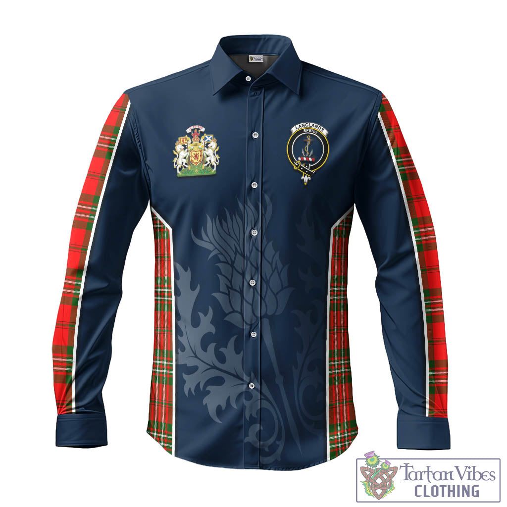 Tartan Vibes Clothing Langlands Tartan Long Sleeve Button Up Shirt with Family Crest and Scottish Thistle Vibes Sport Style