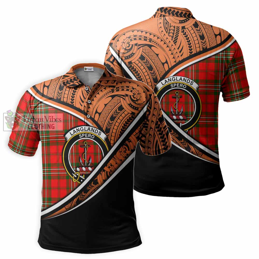 Tartan Vibes Clothing Langlands Crest Tartan Polo Shirt with Maori Tattoo Style - Orange Version