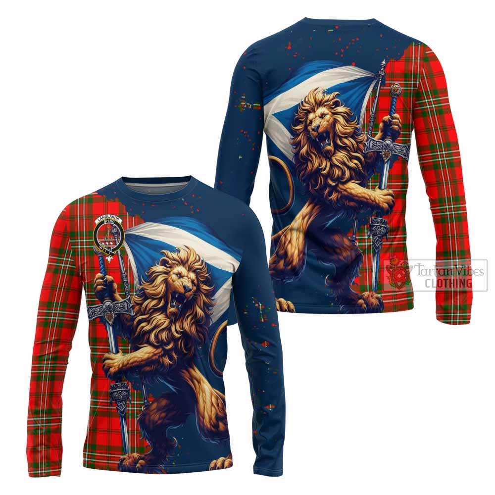 Tartan Vibes Clothing Langlands Tartan Family Crest Long Sleeve T-Shirt with Scottish Majestic Lion