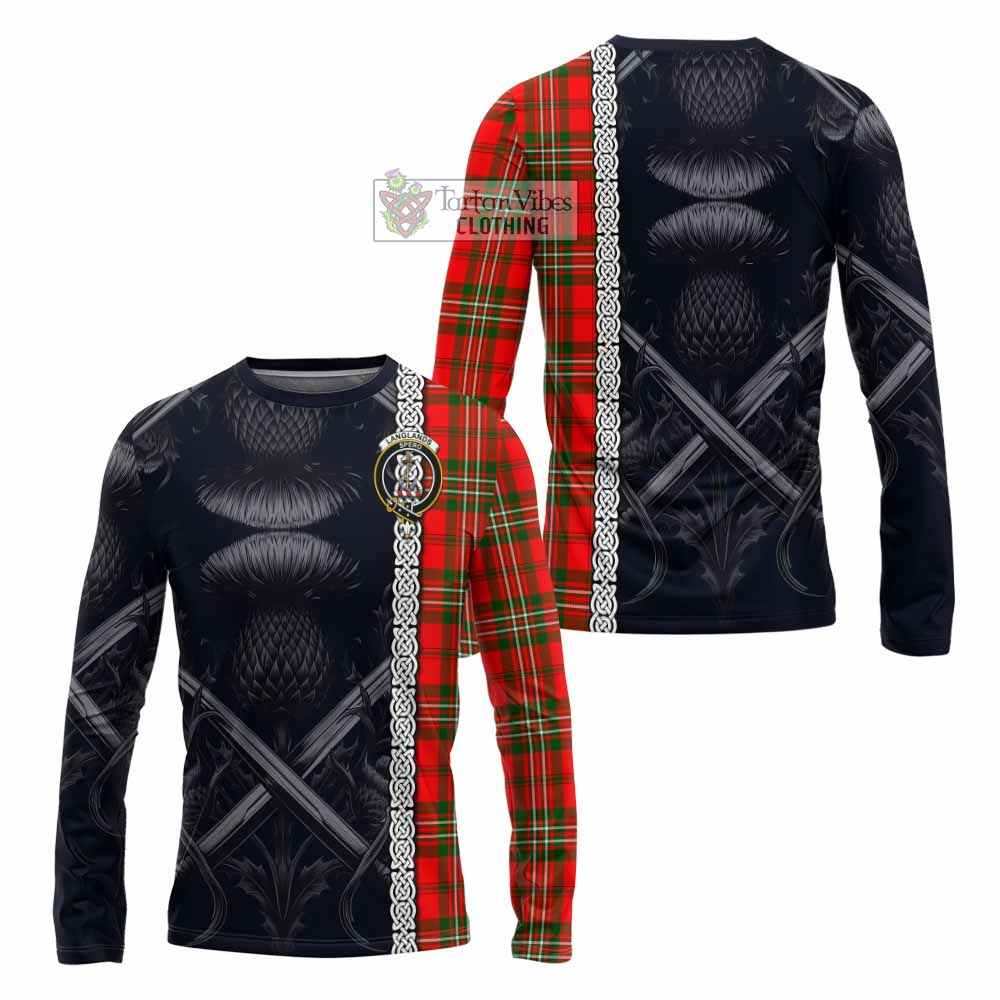 Tartan Vibes Clothing Langlands Tartan Long Sleeve T-Shirt with Family Crest Cross Sword Thistle Celtic Vibes