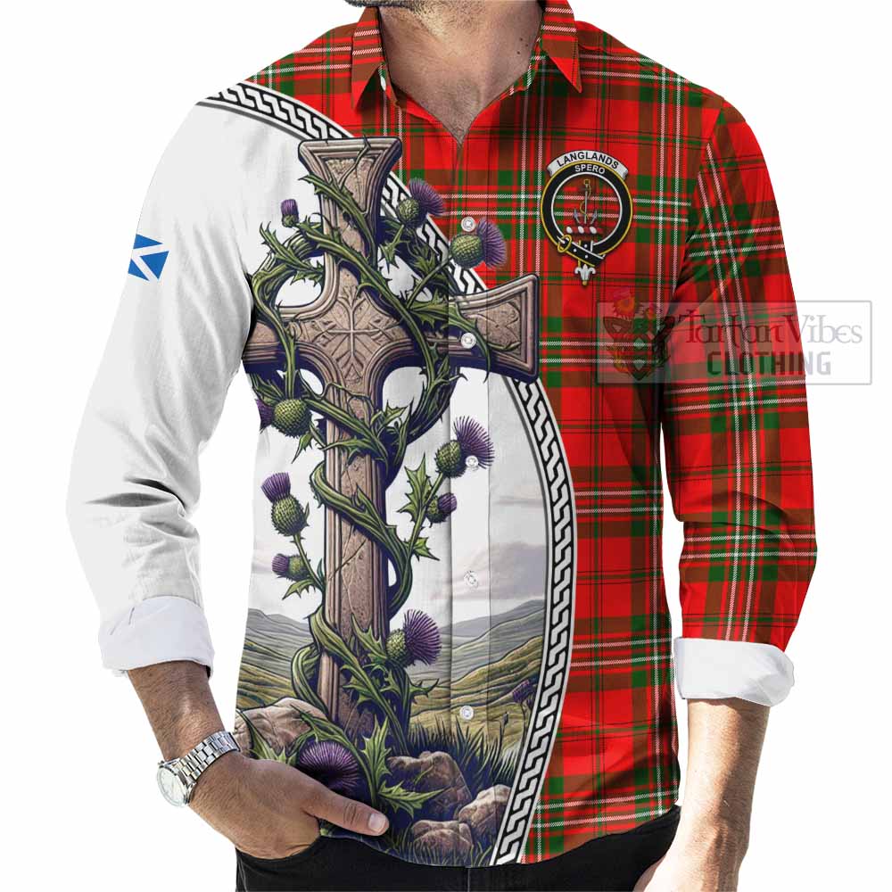 Tartan Vibes Clothing Langlands Tartan Long Sleeve Button Shirt with Family Crest and St. Andrew's Cross Accented by Thistle Vines