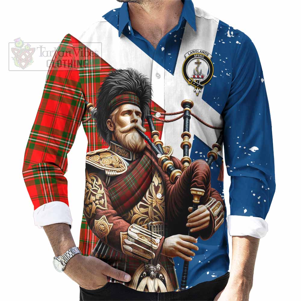 Tartan Vibes Clothing Langlands Tartan Long Sleeve Button Shirt with Family Crest Scottish Bagpiper Vibes