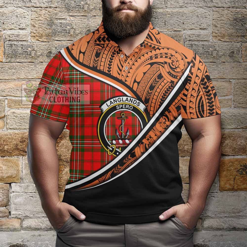 Tartan Vibes Clothing Langlands Crest Tartan Polo Shirt with Maori Tattoo Style - Orange Version