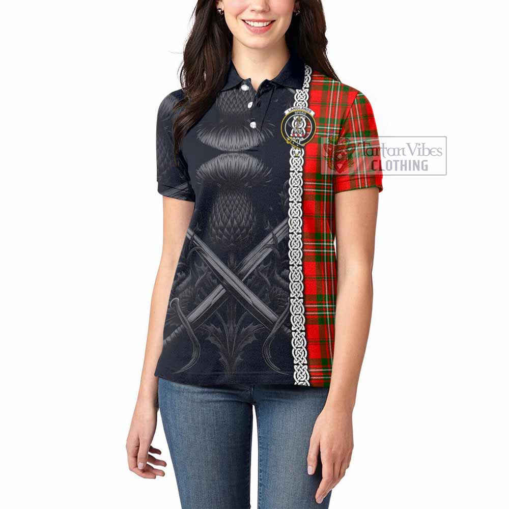 Tartan Vibes Clothing Langlands Tartan Women's Polo Shirt with Family Crest Cross Sword Thistle Celtic Vibes