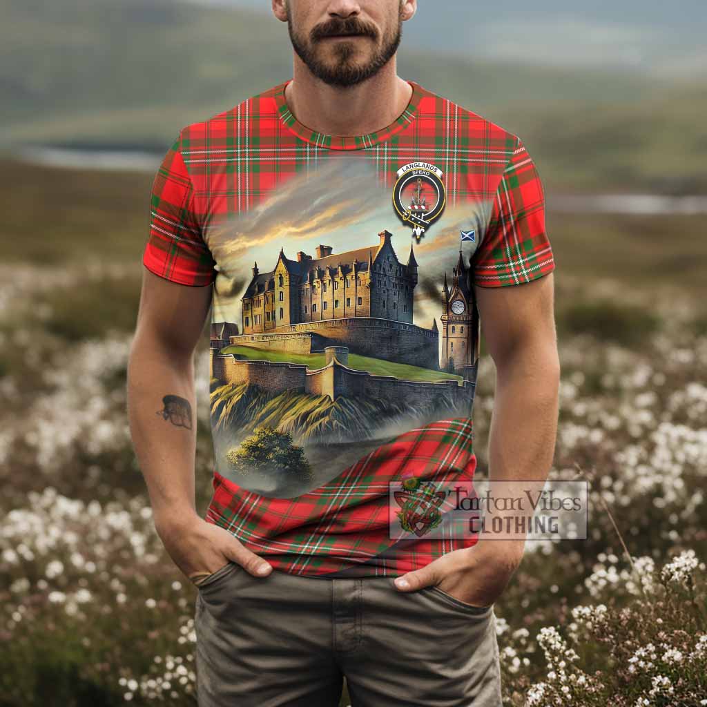 Langlands Tartan Family Crest T-Shirt with Scottish Ancient Castle Style - Tartan Vibes Clothing