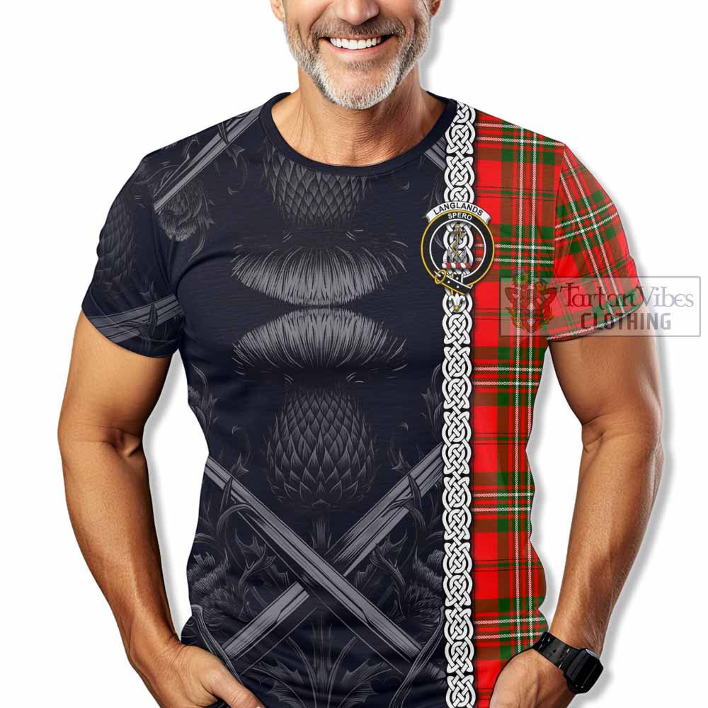 Tartan Vibes Clothing Langlands Tartan T-Shirt with Family Crest Cross Sword Thistle Celtic Vibes