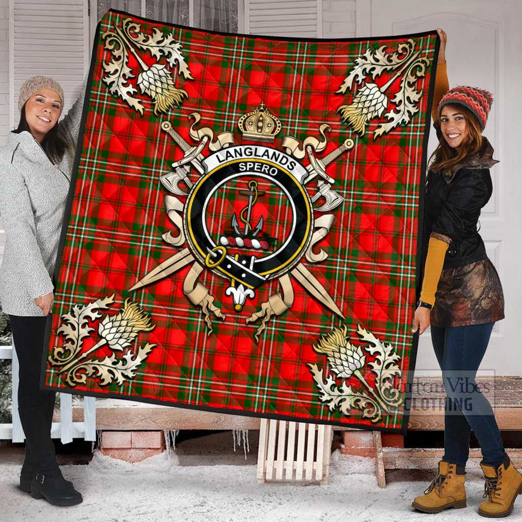 Tartan Vibes Clothing Langlands Tartan Quilt with Family Crest and Scottish Golden Courage Shield