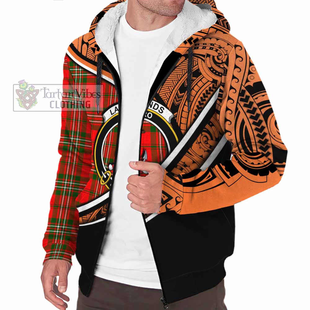 Tartan Vibes Clothing Langlands Crest Tartan Sherpa Hoodie with Maori Tattoo Style - Orange Version