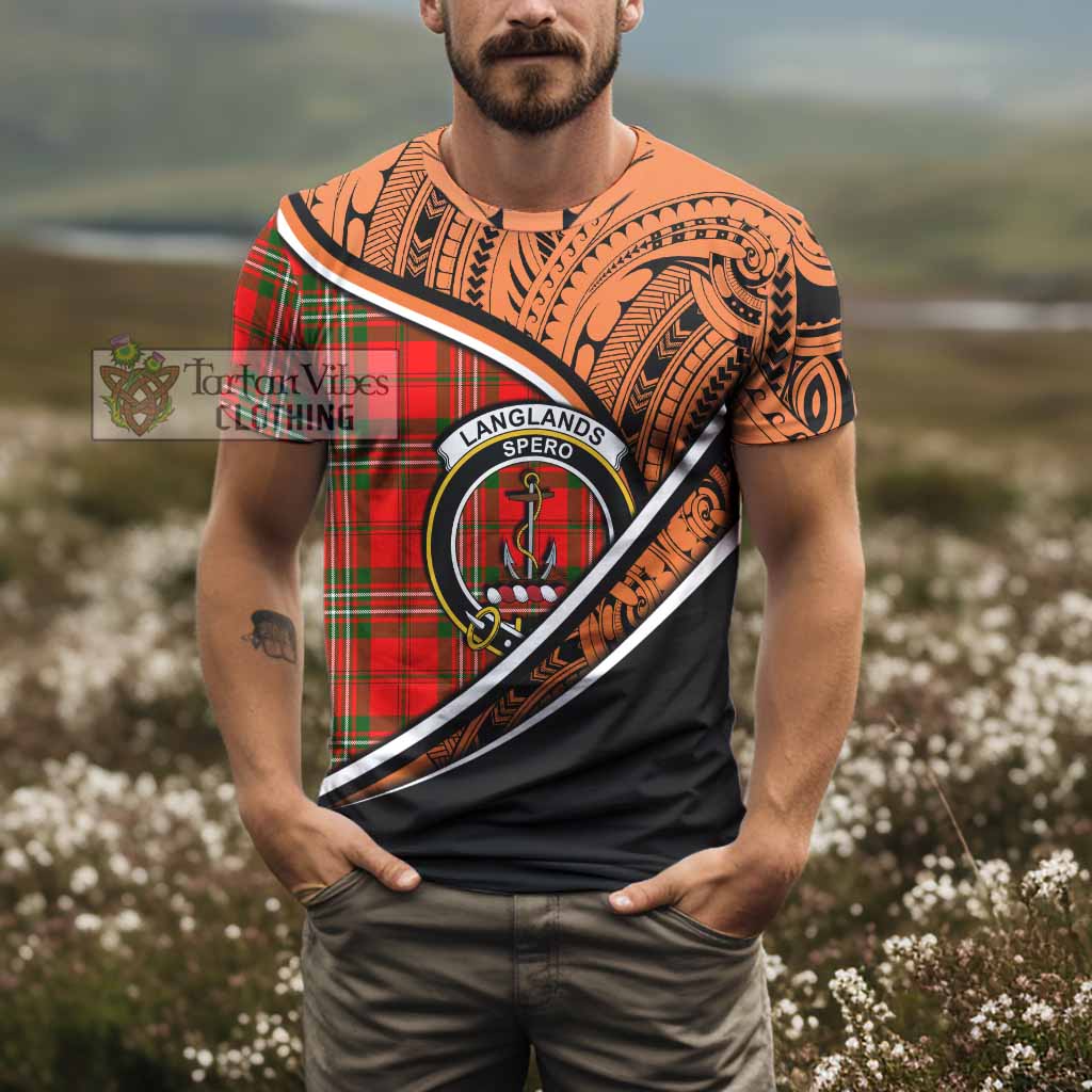 Tartan Vibes Clothing Langlands Crest Tartan T-Shirt with Maori Tattoo Style - Orange Version