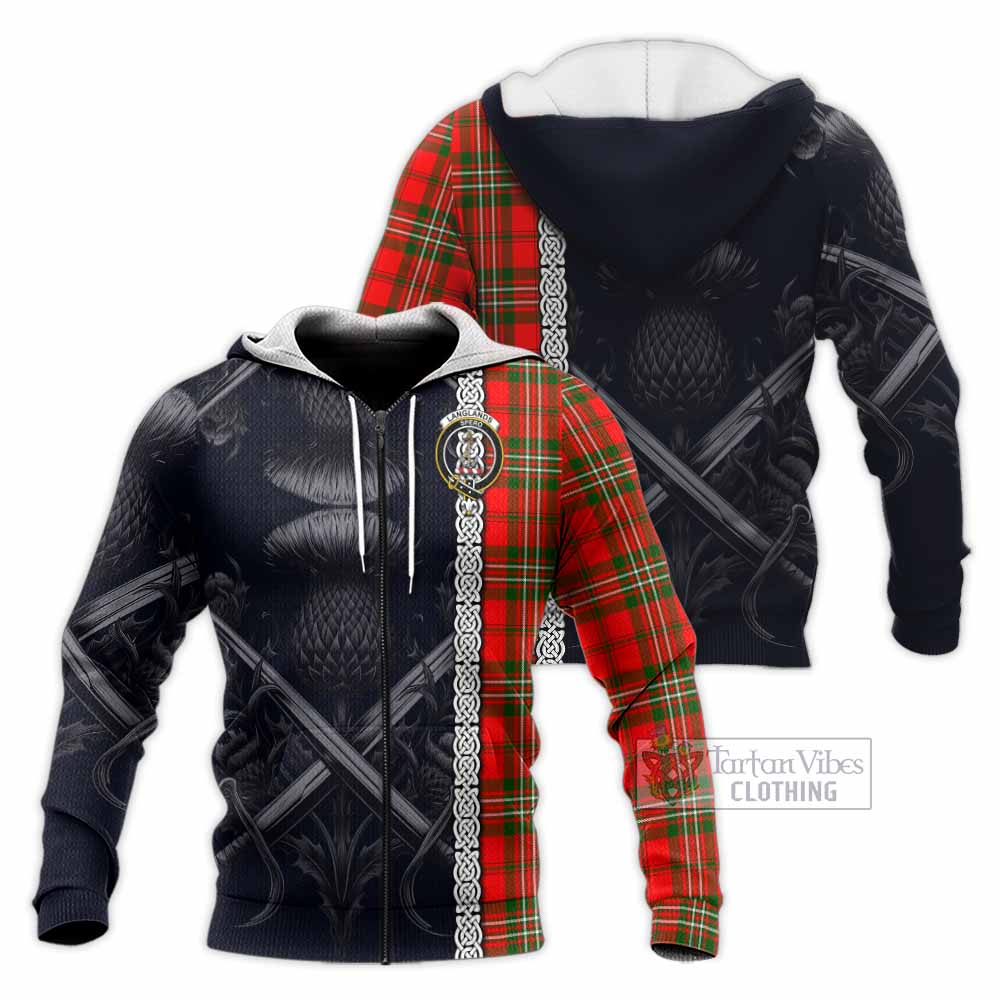 Tartan Vibes Clothing Langlands Tartan Knitted Hoodie with Family Crest Cross Sword Thistle Celtic Vibes