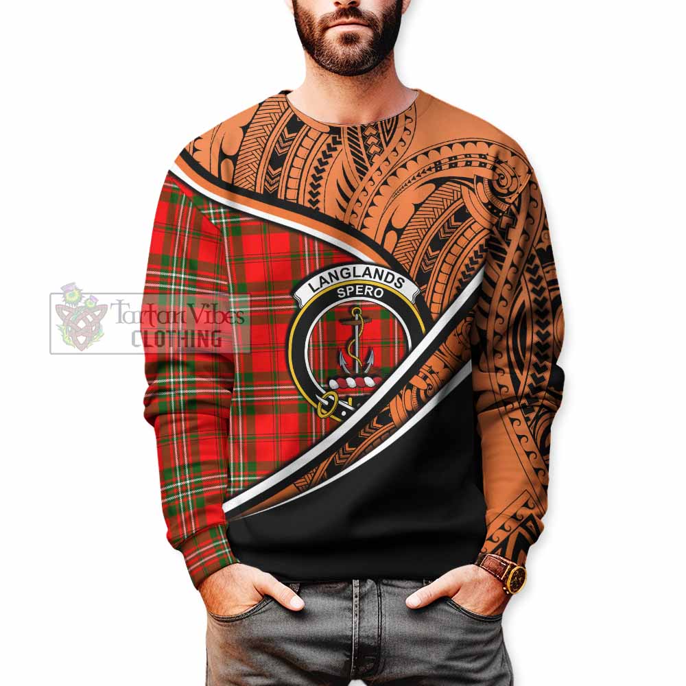 Tartan Vibes Clothing Langlands Crest Tartan Sweatshirt with Maori Tattoo Style - Orange Version