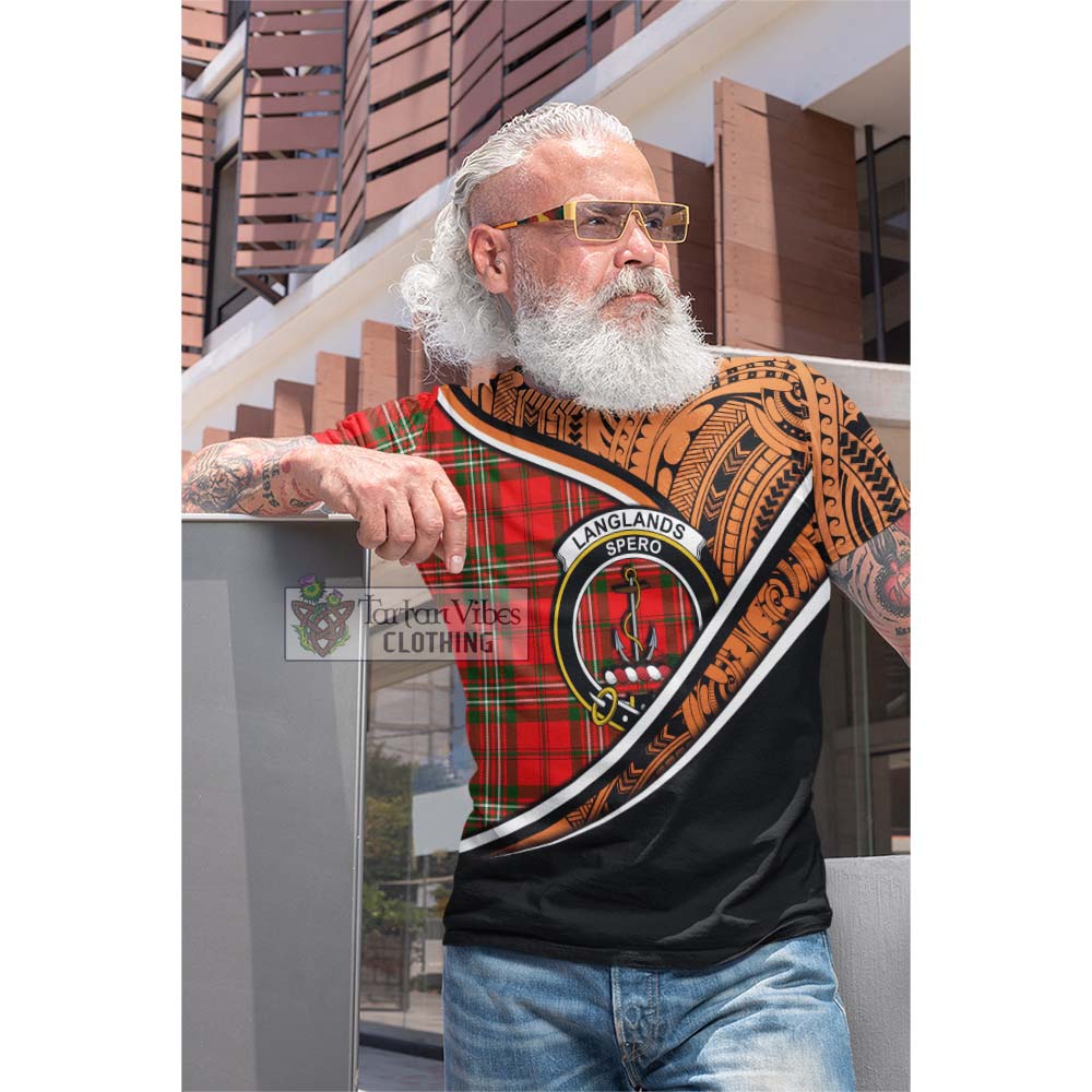 Tartan Vibes Clothing Langlands Crest Tartan Cotton T-shirt with Maori Tattoo Style - Orange Version