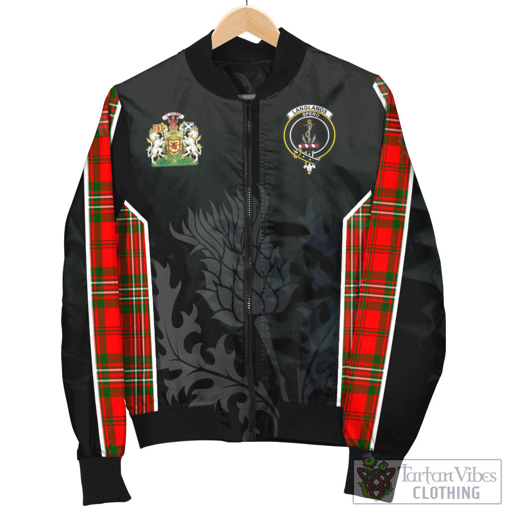 Tartan Vibes Clothing Langlands Tartan Bomber Jacket with Family Crest and Scottish Thistle Vibes Sport Style