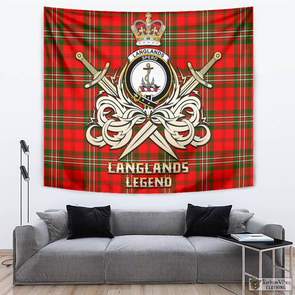 Tartan Vibes Clothing Langlands Tartan Tapestry with Clan Crest and the Golden Sword of Courageous Legacy