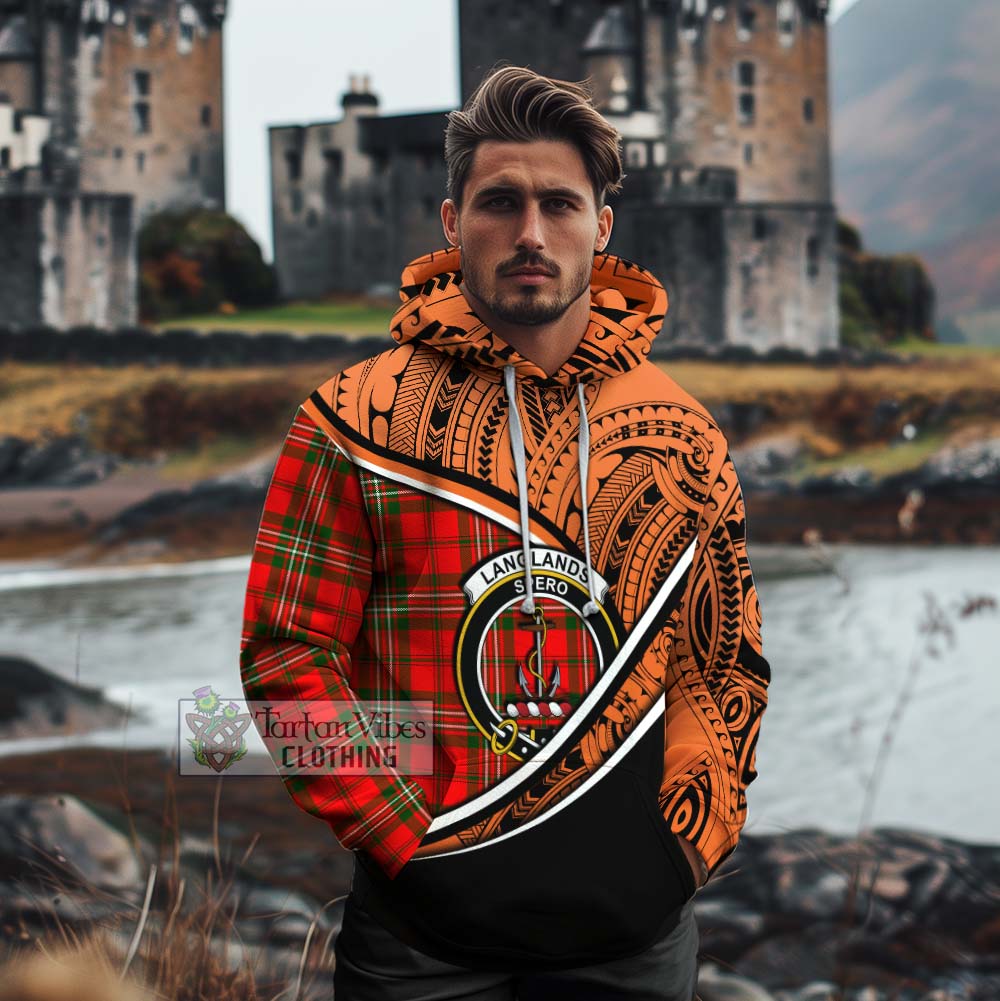 Tartan Vibes Clothing Langlands Crest Tartan Cotton Hoodie with Maori Tattoo Style - Orange Version