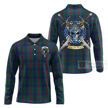 Laurie Tartan Long Sleeve Polo Shirt with Family Crest Celtic Skull Style