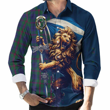 Laurie Tartan Family Crest Long Sleeve Button Shirt with Scottish Majestic Lion