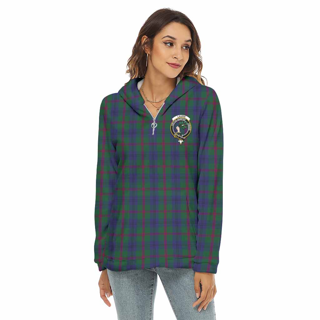 Laurie Tartan Women's Borg Fleece Hoodie with Half Zip with Family Crest Female - Tartan Vibes Clothing