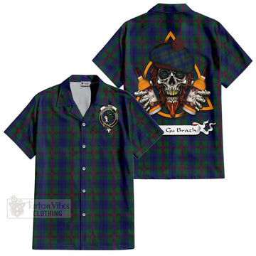 Laurie Tartan Short Sleeve Button Shirt with Family Crest and Bearded Skull Holding Bottles of Whiskey